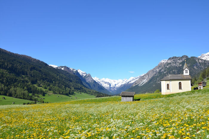 Weiße Kirche auf einer Blumenwiese vor einem Taleingang