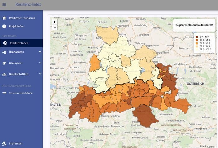 Interaktive Karte des Resilienz-Dashboards mit Tirol, Salzburg und Bayern